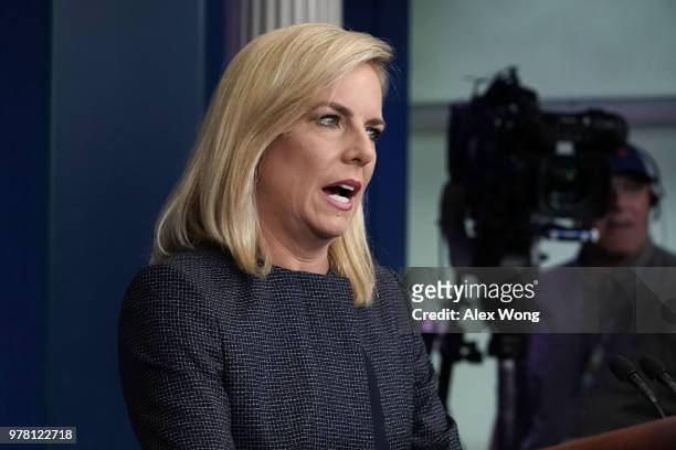 Secretary of Homeland Security Kirstjen Nielsen speaks on migrant children being separated from parents at the southern border during a White House...