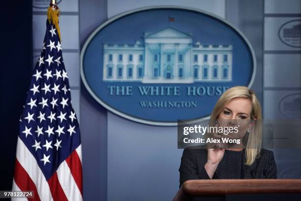 Secretary of Homeland Security Kirstjen Nielsen speaks on migrant children being separated from parents at the southern border during a White House...