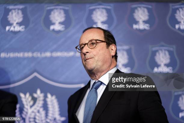 Former French President Francois Hollande attends a lunch organized by the 'Flandres Business Club' on June 18, 2018 in Lille, France.
