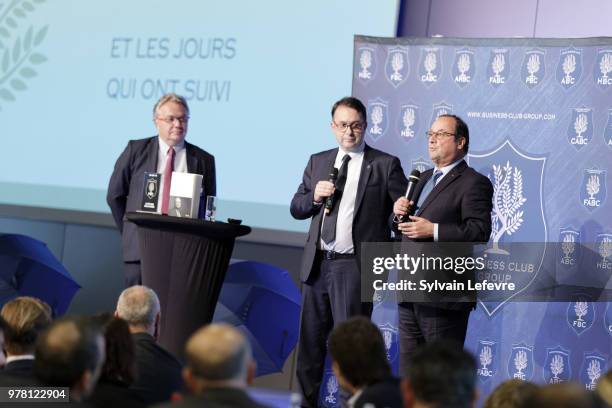 Former French President Francois Hollande delivers a speech during a lunch organized by the 'Flandres Business Club' on June 18, 2018 in Lille,...