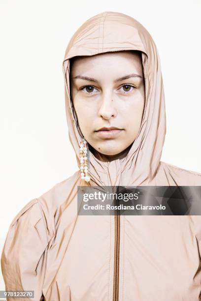 Model is seen backstage ahead of the Aalto show during Milan Men's Fashion Week Spring/Summer 2019 on June 18, 2018 in Milan, Italy.