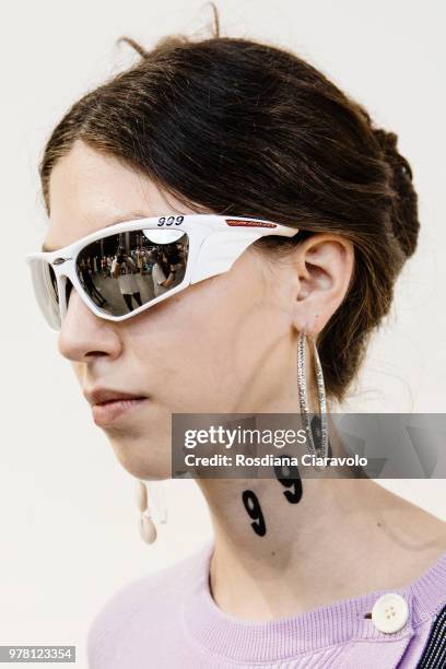 Model is seen backstage ahead of the Aalto show during Milan Men's Fashion Week Spring/Summer 2019 on June 18, 2018 in Milan, Italy.