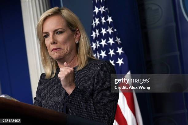 Secretary of Homeland Security Kirstjen Nielsen speaks on migrant children being separated from parents at the southern border during a White House...