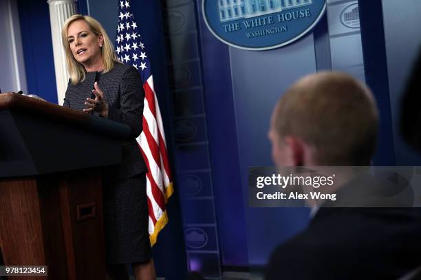 Secretary of Homeland Security Kirstjen Nielsen speaks on migrant children being separated from parents at the southern border during a White House...