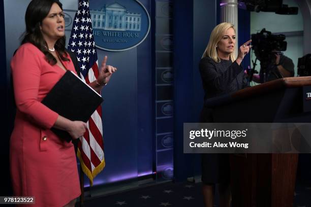 Secretary of Homeland Security Kirstjen Nielsen speaks on migrant children being separated from parents at the southern border as White House Press...