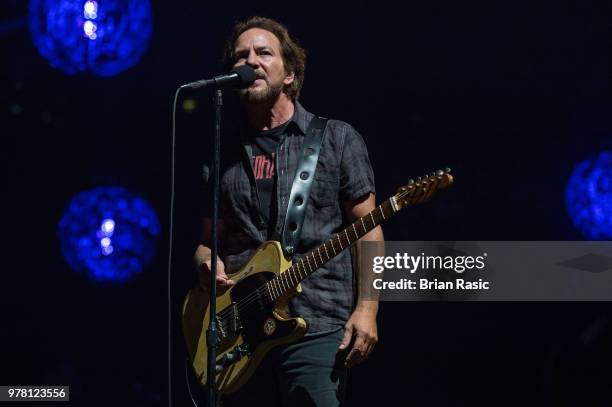 Eddie Vedder of Pearl Jam performs at The O2 Arena on June 18, 2018 in London, England.