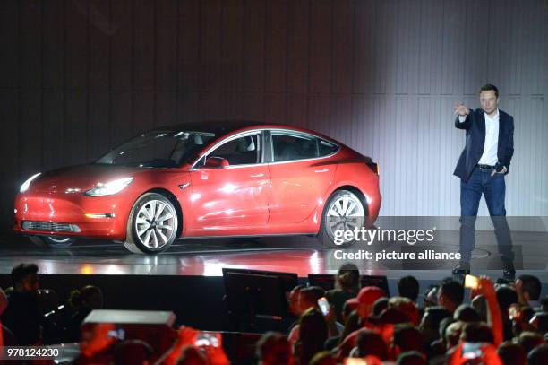 July 2017, USA, California, Fremont: Tesla CEO Elon Musk at the presentation of the first vehicle of the more reasonable Tesla vehicle Model 3 at the...