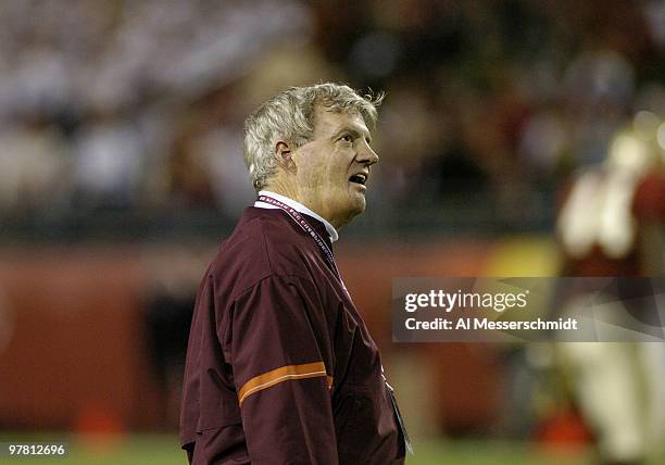 Virginia Tech coach Frank Beamer checks the scoreboard at the 2005 ACC Football Championship Game in Jacksonville, Flordia on December 3, 2005. FSU...