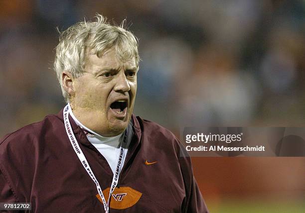 Virginia Tech coach Frank Beamer protests a call at the 2005 ACC Football Championship Game in Jacksonville, Flordia on December 3, 2005. FSU upset...