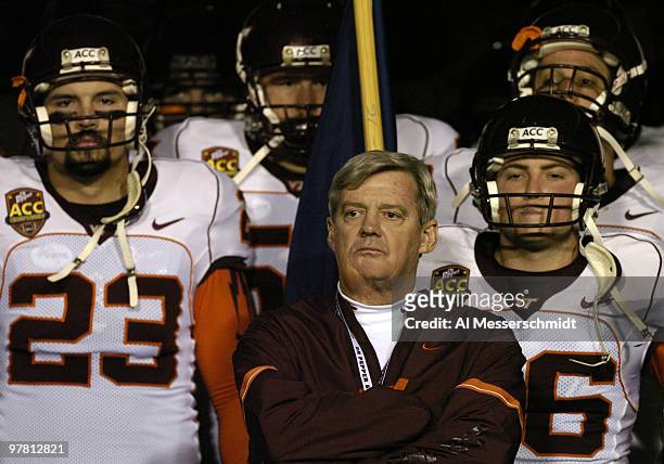 Virginia Tech coach Frank Beamer waits for pre-game ceremonies at the 2005 ACC Football Championship Game on December 3, 2005 in Jacksonville,...