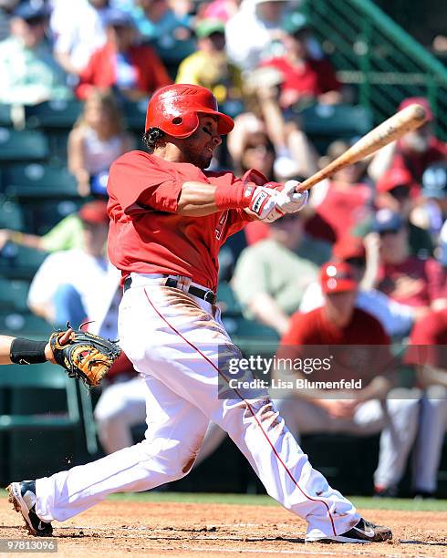 Maicer Izturis of the Los Angeles Angels of Anaheim at bat during a Spring Training game against the Arizona Diamondbacks on March 17, 2010 at Tempe...