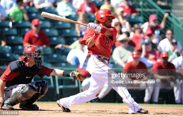 Maicer Izturis of the Los Angeles Angels of Anaheim at bat during a Spring Training game against the Arizona Diamondbacks on March 17, 2010 at Tempe...