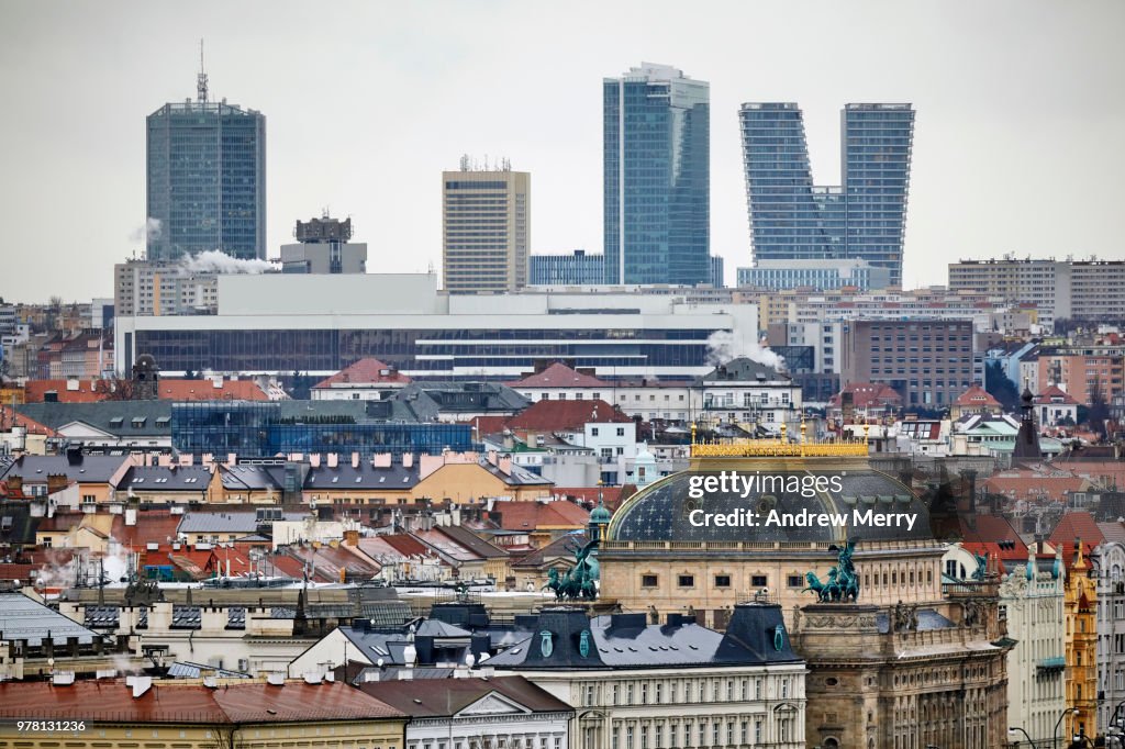Prague city skyline across Old Town Prague. Skyscrapers, high-rise on the horizon