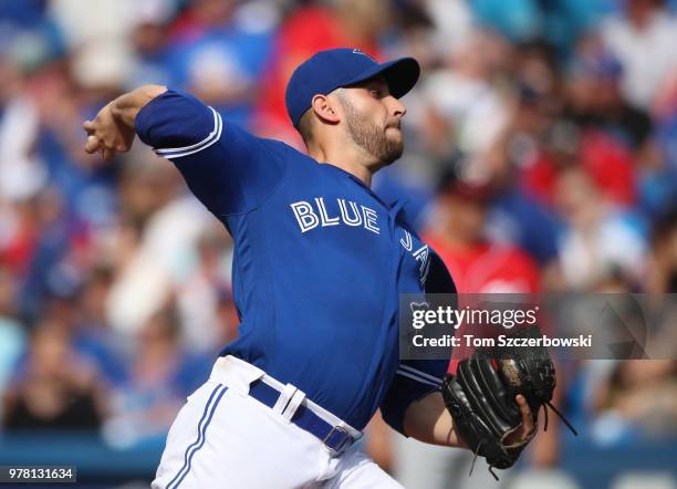 Marco Estrada of the Toronto Blue Jays delivers a pitch in the fifth inning during MLB game action against the Washington Nationals at Rogers Centre...