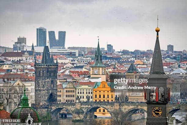 charles bridge, old town bridge tower, clock towers and vltava river, prague - charles town stock pictures, royalty-free photos & images