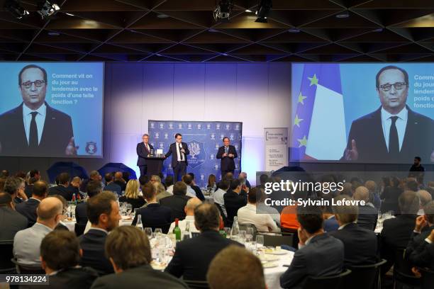 Former French President Francois Hollande delivers a speech during a lunch organized by the 'Flandres Business Club' on June 18, 2018 in Lille,...