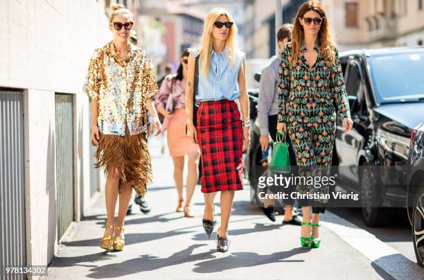 Micol Sabbadini wearing golden glitter jacket, skirt with fringes, plattform sandals Ada Kokosar blue blouse, red plaid lumberjack pencil skirt and...