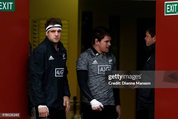 Luke Whitelock and Matt Todd of the All Blacks look on during a New Zealand All Blacks training session on June 19, 2018 in Dunedin, New Zealand.