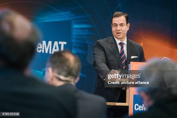 April 2018, Hanover, Germany: Paulo Carreno, CEO of ProMexiko, speaking during a press conference on the Hannover Messe and CeMat trade fairs. The...