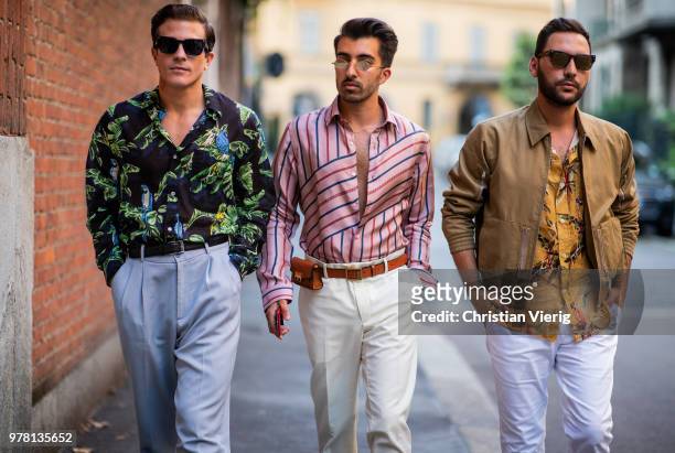 Carlo Sestini wearing button shirt with floral print is seen outside Stella McCartney during Milan Men's Fashion Week Spring/Summer 2019 on June 18,...
