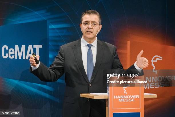 April 2018, Hanover, Germany: Sami Atiya, member of the Group Management Board of ASEA Brown Boveri , speaking during a press conference on the...