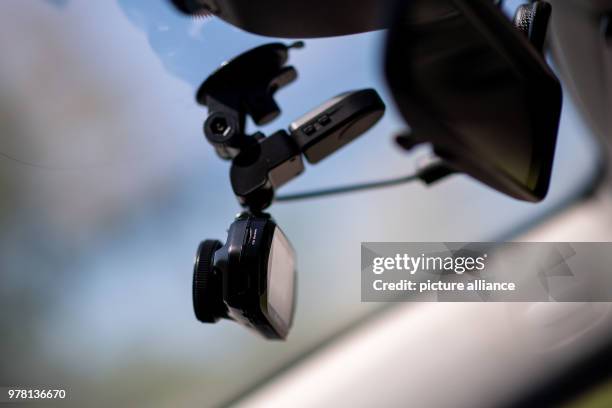 April 2018, Germany, Moenchengladbach: A dashcam of camera producer 'TrueCam' inside a police vehicle during a press event. The freeway police in...