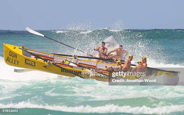 The Bulli and Northcliffe boats collide during the Mens Under 23 Boat Race at the Australian Surf Life Saving Championships on March 18, 2010 on the...