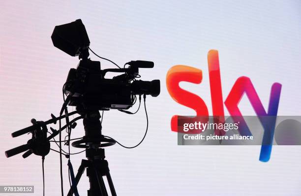 April 2018, Unterföhring bei Munich, Germany: A Video Camera and the Logo Sky, taken at the introduction of "The New Sky" at the pay TV Sky. Photo:...