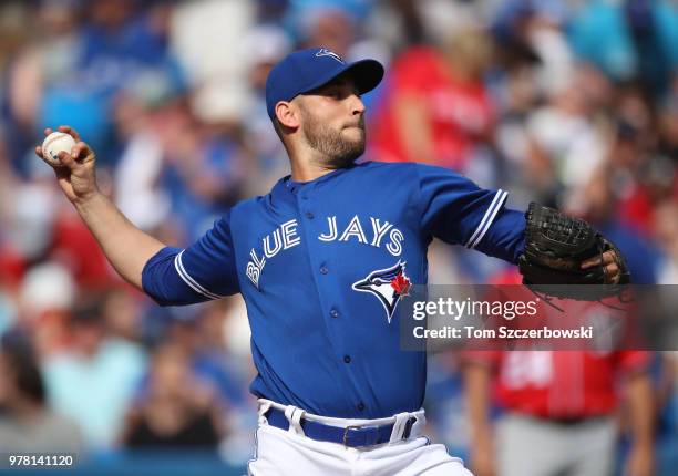 Marco Estrada of the Toronto Blue Jays delivers a pitch in the fifth inning during MLB game action against the Washington Nationals at Rogers Centre...