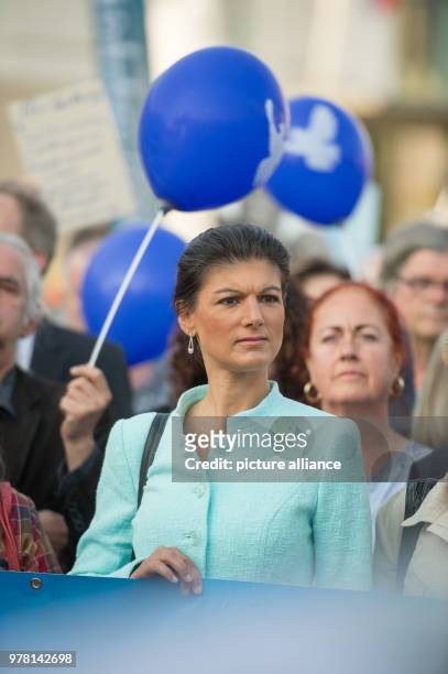 April 2018, Germany, Berlin: Parliamentary group leader of The Left party in the German Bundestag, Sahra Wagenknecht, participates in the rally 'Nein...