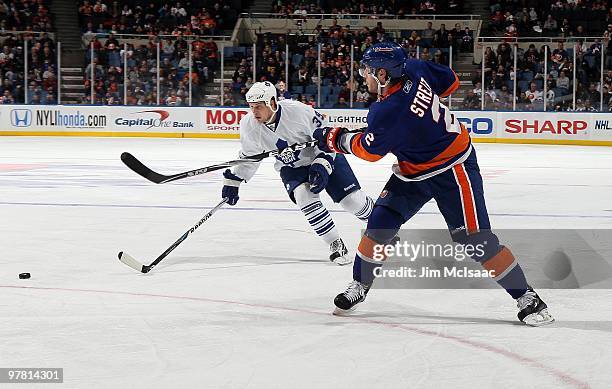 Mark Streit of the New York Islanders skates against the Toronto Maple Leafs on March 14, 2010 at Nassau Coliseum in Uniondale, New York. The Isles...