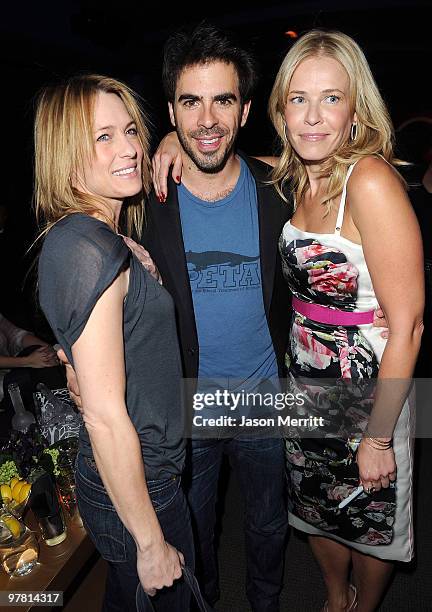 Actress Robin Wright, actor Eli Roth, and actress Chelsea Handler attend the 'Chelsea Chelsea Bang Bang' L.A. Launch Party at The Beverly Hilton...