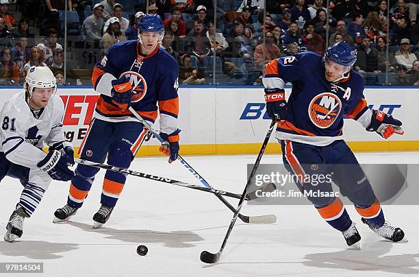 Mark Streit of the New York Islanders skates against the Toronto Maple Leafs on March 14, 2010 at Nassau Coliseum in Uniondale, New York. The Isles...