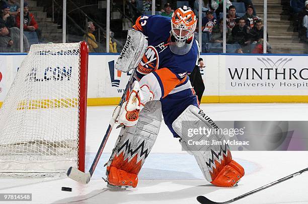 Martin Biron of the New York Islanders skates against the Toronto Maple Leafs on March 14, 2010 at Nassau Coliseum in Uniondale, New York. The Isles...