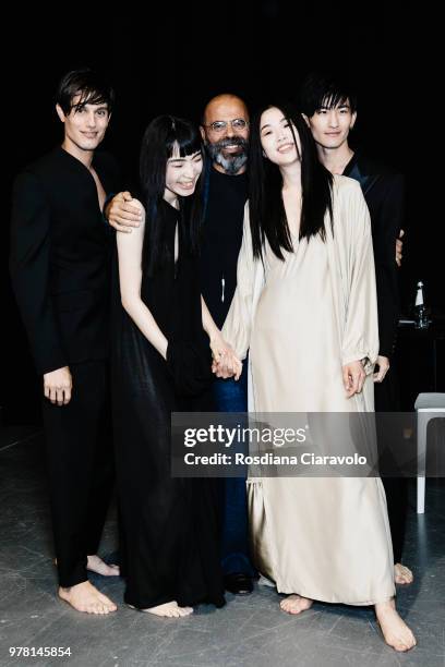 Designer Sabato Russo and models are seen backstage ahead of the Sartorial Monk show during Milan Men's Fashion Week Spring/Summer 2019 on June 18,...