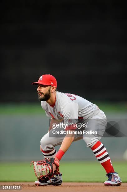 Matt Carpenter of the St. Louis Cardinals plays first base Minnesota Twins during the interleague game on May 15, 2018 at Target Field in...