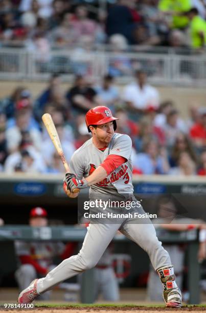 Jedd Gyorko of the St. Louis Cardinals takes an at bat against the Minnesota Twins during the interleague game on May 15, 2018 at Target Field in...