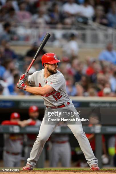 Paul DeJong of the St. Louis Cardinals takes an at bat against the Minnesota Twins during the interleague game on May 15, 2018 at Target Field in...