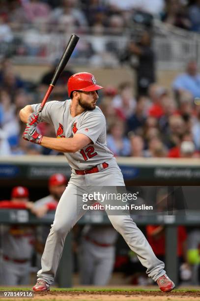 Paul DeJong of the St. Louis Cardinals takes an at bat against the Minnesota Twins during the interleague game on May 15, 2018 at Target Field in...
