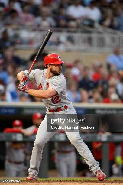 Paul DeJong of the St. Louis Cardinals takes an at bat against the Minnesota Twins during the interleague game on May 15, 2018 at Target Field in...