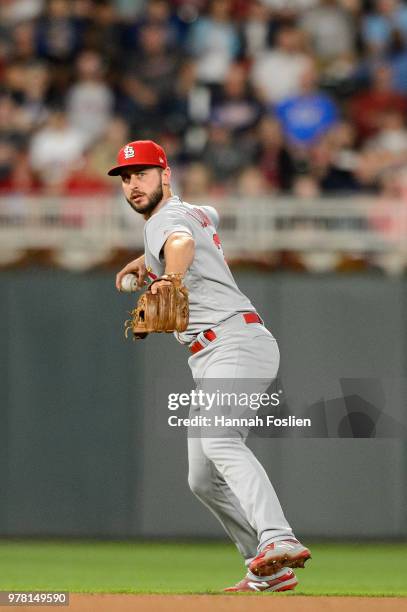 Paul DeJong of the St. Louis Cardinals makes a play at shortstop against the Minnesota Twins during the interleague game on May 15, 2018 at Target...