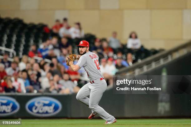 Paul DeJong of the St. Louis Cardinals makes a play at shortstop against the Minnesota Twins during the interleague game on May 15, 2018 at Target...