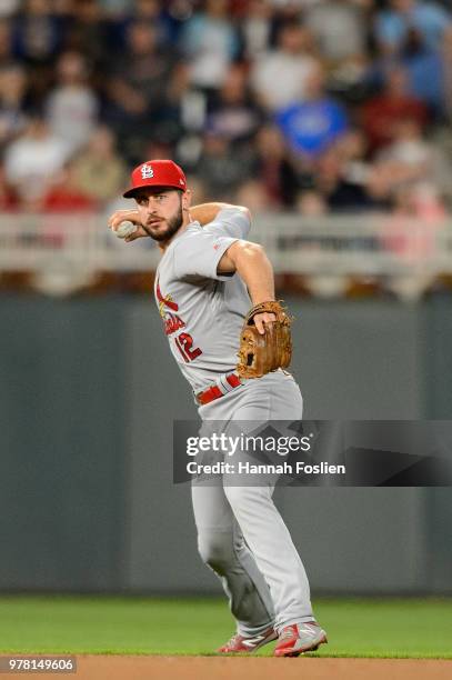 Paul DeJong of the St. Louis Cardinals makes a play at shortstop against the Minnesota Twins during the interleague game on May 15, 2018 at Target...