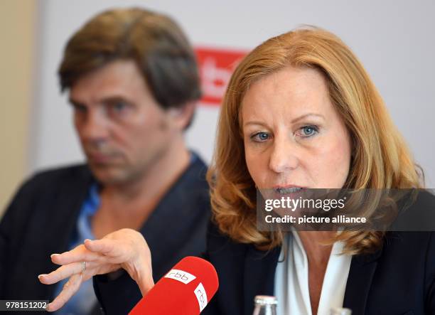 April 2018, Germany, Berlin: Programme director Jan Schulte-Kellinghaus, and RBB director Patricia Schlesinger speaking during a press conference on...