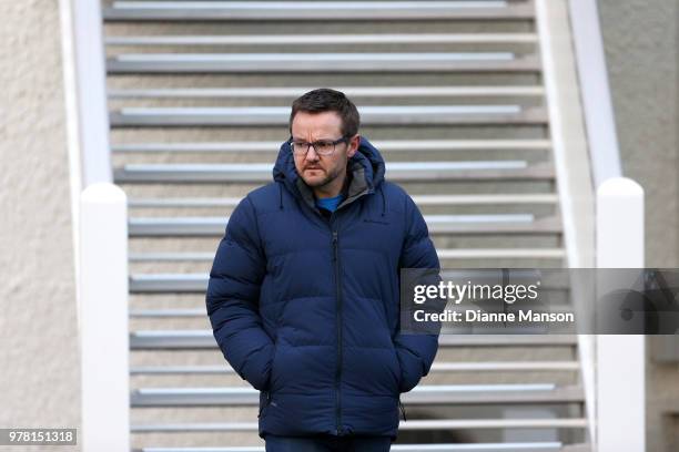 Mike Hesson looks on during a New Zealand All Blacks training session on June 19, 2018 in Dunedin, New Zealand.