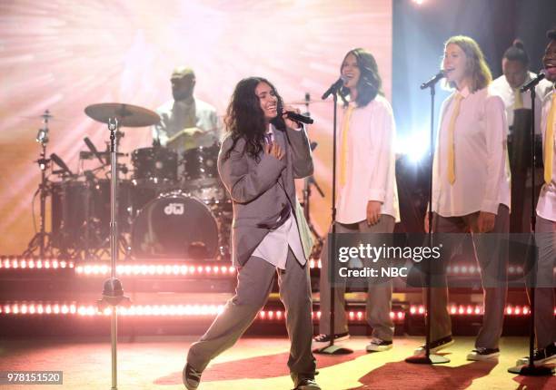 Episode 0886 -- Pictured: Musical Guest Alessia Cara performs "Growing Pains" on June 18, 2018 --