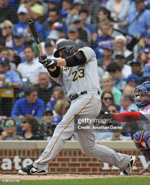 David Freese of the Pittsburgh Pirates bats against the Chicago Cubs at Wrigley Field on June 8, 2018 in Chicago, Illinois. The Cubs defeated the...