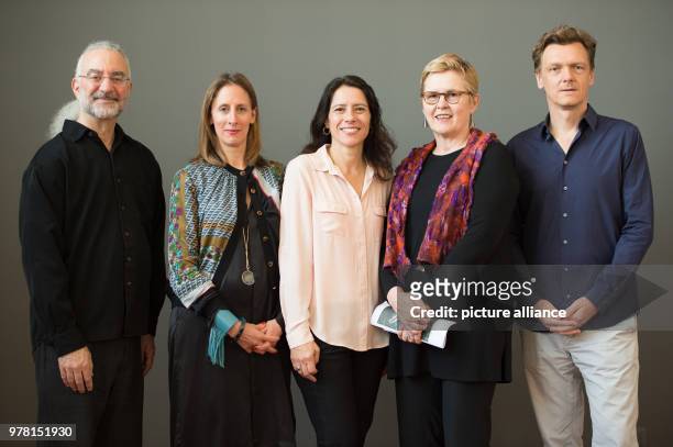 April 2018, Germany, Berlin: Howard Oransky , curator; Stephanie Rosenthal, museum director; Rachel Cecilia Mendieta, niece of Ana Mendita; Lynn...