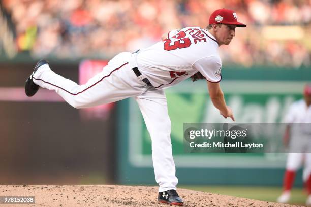 Erick Fedde of the Washington Nationals pitches in the third inning during game two of a doubleheader against the New York Yankees at Nationals Park...