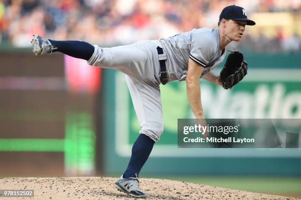 Sonny Gray of the New York Yankees pitches in the third inning during game two of a doubleheader against the Washington Nationals at Nationals Park...